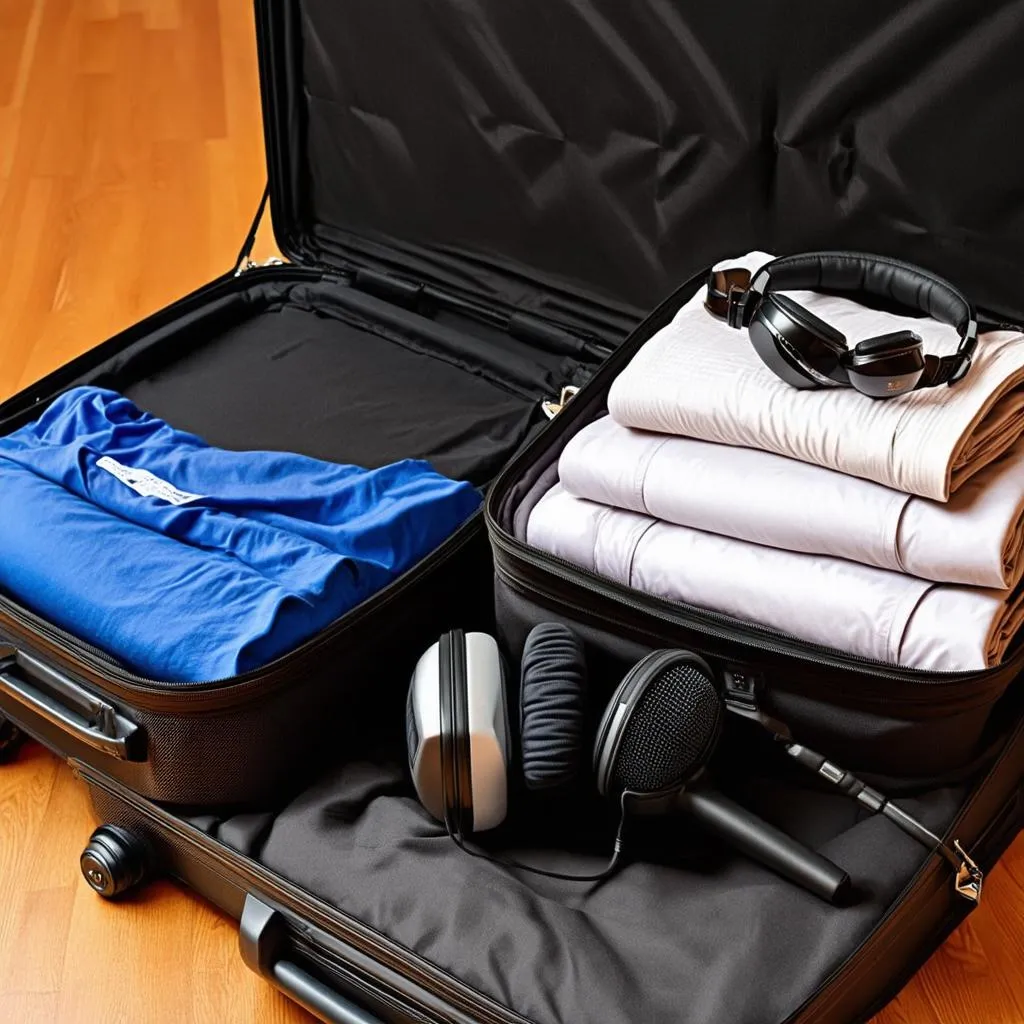 suitcases, headphones, and microphones arranged neatly on a table